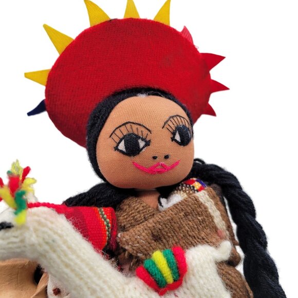 Handmade Peruvian Folk Doll Cloth Llama Clay Pot Doll Long Braids - Picture 2 of 8